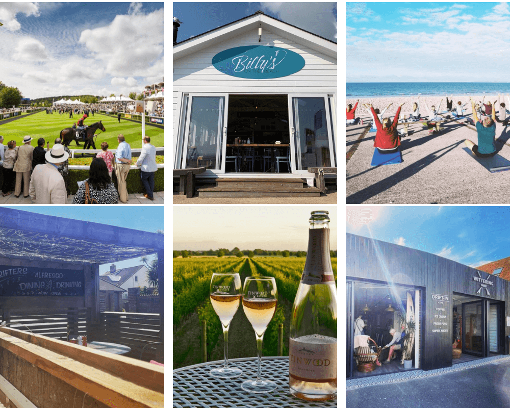 collage of pictures showing a beach, vineyard, horse racing and al fresco pub